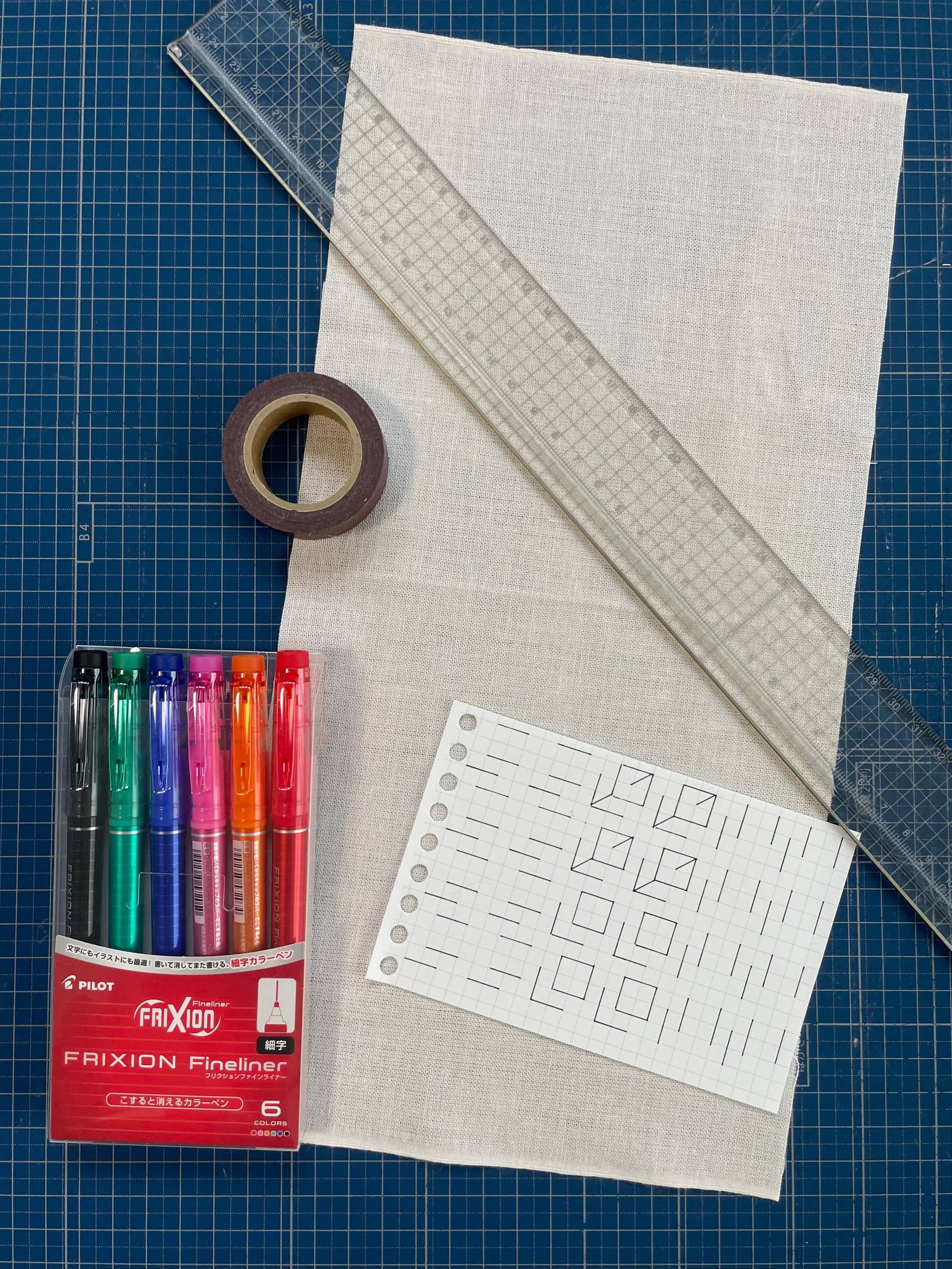 Tools for transferring sashiko patterns onto fabric: ruler, frixion pens, washi tape and a cutting mat