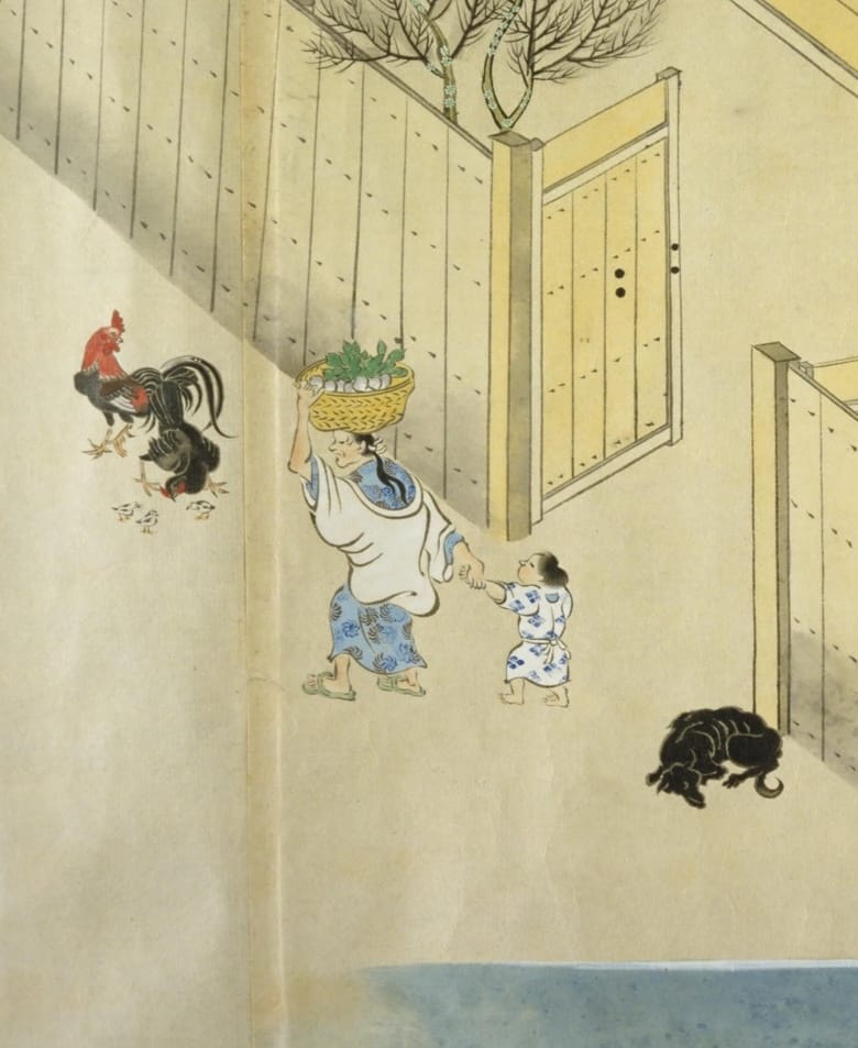 An adult carrying a basket on their head pulling a child's hand. The child has a kimono with semamori on. Around them are a dog and two chicken with three chicks.