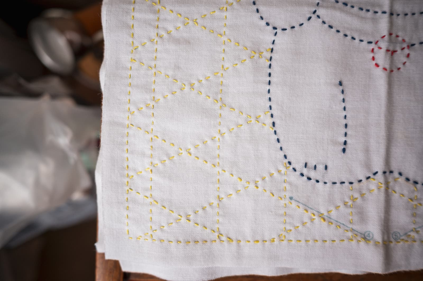 The kagome sashiko moyōsashi pattern in yellow on white fabric with parts of a manekineko showing.