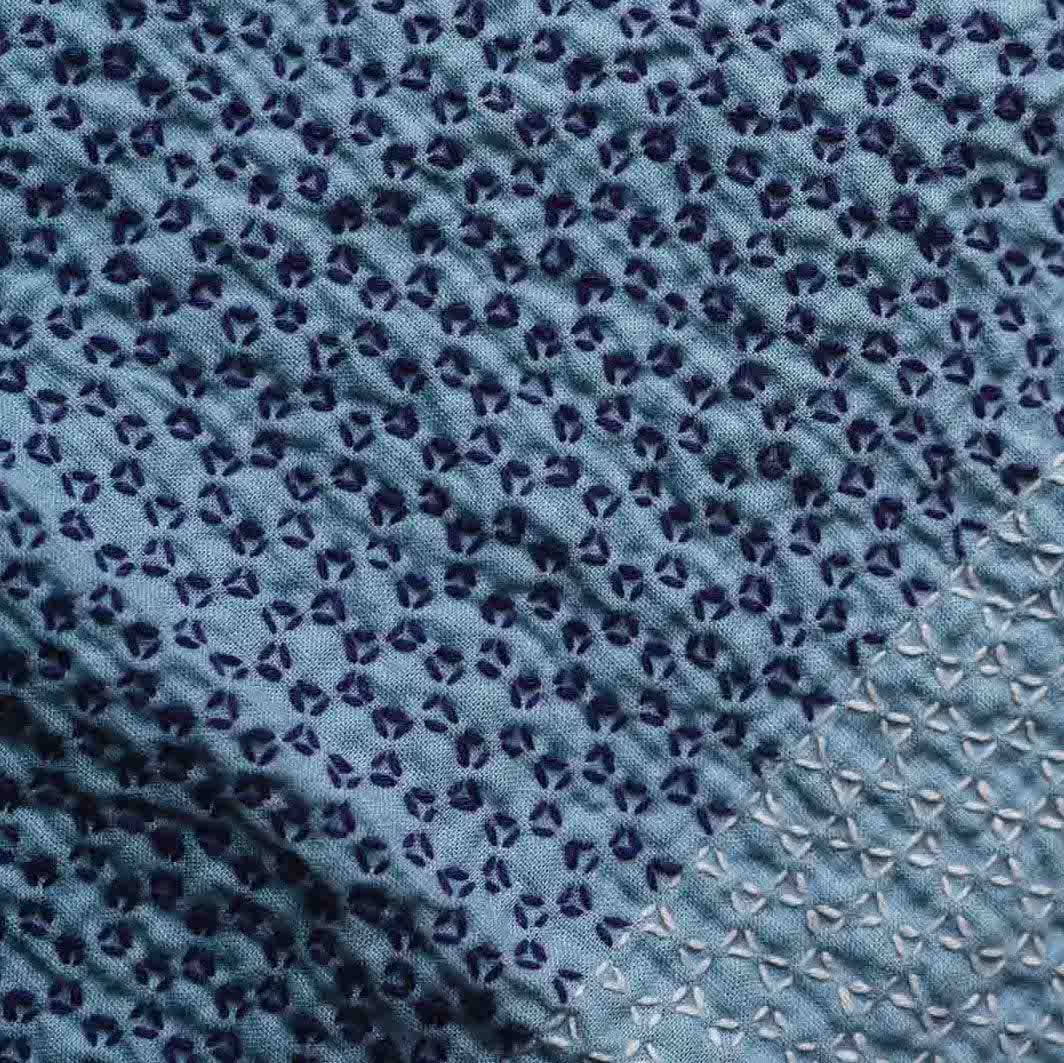 The kagome sashiko pattern in white and purple thread on blue cloth