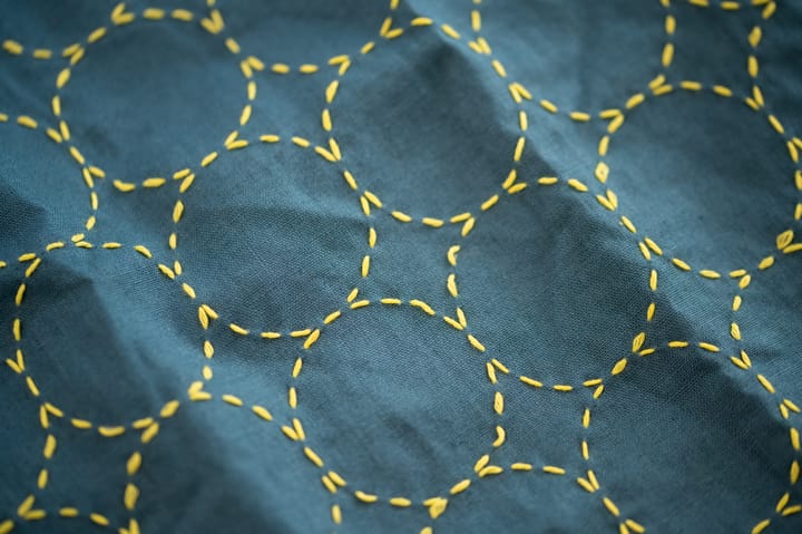 The marutsunagi sashiko pattern in yellow on teal fabric